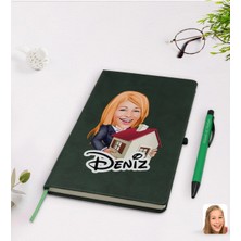 BK Gift Kişiye Özel Kadın Emlakçı Karikatürlü Yeşil Termo Deri Defter Kalem Seti Model 1