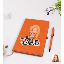 BK Gift Kişiye Özel Kadın Karikatürlü Turuncu Termo Deri Defter Kalem Seti Model 75