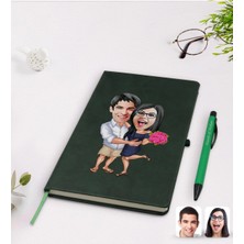 BK Gift Kişiye Özel Sevgililer Karikatürlü Yeşil Termo Deri Defter Kalem Seti Model 108