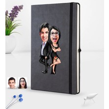 BK Gift Kişiye Özel Sevgililer Karikatürlü Siyah Termo Deri Defter 16X24CM Model 6