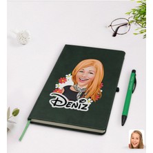 BK Gift Kişiye Özel Kadın Karikatürlü Yeşil Termo Deri Defter Kalem Seti Model 51