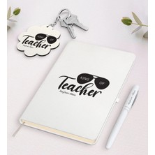 BK Gift Kişiye Özel Öğretmenin Kralı Beyaz Defter Kalem ve Anahtarlık Hediye Seti