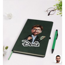 BK Gift Kişiye Özel Erkek Milyoner Karikatürlü Yeşil Termo Deri Defter Kalem Seti Model 1