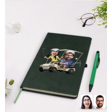 BK Gift Kişiye Özel Sevgililer Karikatürlü Yeşil Termo Deri Defter Kalem Seti Model 96