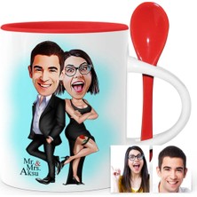 BK Gift Kişiye Özel Sevgililer Karikatür Kırmızı Kaşıklı Kupa Bardak - 6