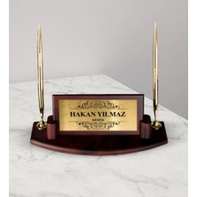 BK Gift Kişiye Özel AHM-103 Gold Çift Kalemli Ahşap Masa Isimliği