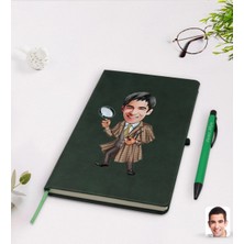 BK Gift Kişiye Özel Müfettiş Karikatürlü Yeşil Termo Deri Defter Kalem Seti Model 1