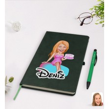 BK Gift Kişiye Özel Kadın Doğum Günü Karikatürlü Yeşil Termo Deri Defter Kalem Seti Model 2