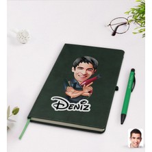 BK Gift Kişiye Özel Erkek Kuaför Karikatürlü Yeşil Termo Deri Defter Kalem Seti Model 1