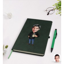 BK Gift Kişiye Özel Erkek Karikatürlü Yeşil Termo Deri Defter Kalem Seti Model 82
