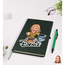 BK Gift Kişiye Özel Kadın Muhasebeci Karikatürlü Yeşil Termo Deri Defter Kalem Seti Model 1