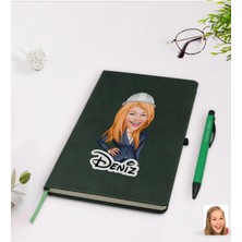 BK Gift Kişiye Özel Kadın Mühendis Karikatürlü Yeşil Termo Deri Defter Kalem Seti Model 1