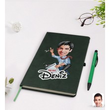 BK Gift Kişiye Özel Erkek Emlakçı Karikatürlü Yeşil Termo Deri Defter Kalem Seti Model 1