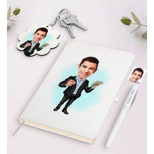 BK Gift Kişiye Özel Erkek Bankacı Karikatürlü Beyaz Defter Kalem ve Anahtarlık Hediye Seti