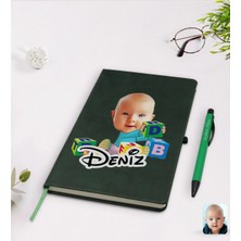 BK Gift Kişiye Özel Bebek Karikatürlü Yeşil Termo Deri Defter Kalem Seti Model 5