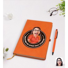 BK Gift Kişiye Özel Kadın Nihayetinde Karikatürlü Turuncu Termo Deri Defter Kalem Seti Model 3