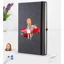 BK Gift Kişiye Özel Plakalı Kadın Audi A3 Karikatürlü Siyah Termo Deri Defter 16X24CM Model 1