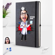 BK Gift Kişiye Özel Kadın Diş Hekimi Karikatürlü Siyah Termo Deri Defter 16X24CM Model 2