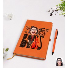 BK Gift Kişiye Özel Kadın Big Boss Karikatürlü Turuncu Termo Deri Defter Kalem Seti Model 3