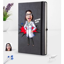 BK Gift Kişiye Özel Kadın Doktor Karikatürlü Siyah Termo Deri Defter 16X24CM Model 1