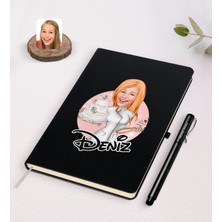 BK Gift Kişiye Özel Kadın Aşçı Karikatürlü Siyah Defter ve Kalem Hediye Seti-3