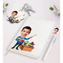 BK Gift Kişiye Özel Erkek Öğretmen Karikatürlü Beyaz Defter Kalem ve Anahtarlık Hediye Seti-5