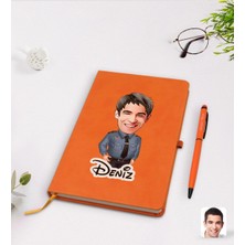 BK Gift Kişiye Özel Erkek Polis Karikatürlü Turuncu Termo Deri Defter Kalem Seti Model 3