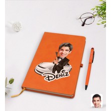 BK Gift Kişiye Özel Erkek Ajan Karikatürlü Turuncu Termo Deri Defter Kalem Seti Model 1