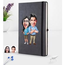 BK Gift Kişiye Özel Sevgililer Karikatürlü Siyah Termo Deri Defter 16X24CM Model 101