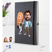 BK Gift Kişiye Özel Sevgililer Karikatürlü Siyah Termo Deri Defter 16X24CM Model 93