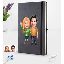 BK Gift Kişiye Özel Sevgililer Karikatürlü Siyah Termo Deri Defter 16X24CM Model 110