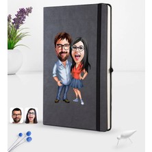 BK Gift Kişiye Özel Sevgililer Karikatürlü Siyah Termo Deri Defter 16X24CM Model 105