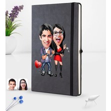 BK Gift Kişiye Özel Sevgililer Karikatürlü Siyah Termo Deri Defter 16X24CM Model 1