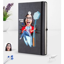 BK Gift Kişiye Özel Kadın Diş Hekimi Karikatürlü Siyah Termo Deri Defter 16X24CM Model 3