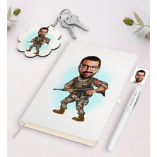 BK Gift Kişiye Özel Asker Karikatürlü Beyaz Defter Kalem ve Anahtarlık Hediye Seti-1