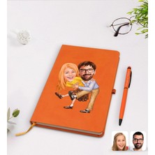 BK Gift Kişiye Özel Sevgililer Karikatürlü Turuncu Termo Deri Defter Kalem Seti Model 102