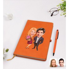 BK Gift Kişiye Özel Sevgililer Karikatürlü Turuncu Termo Deri Defter Kalem Seti Model 94