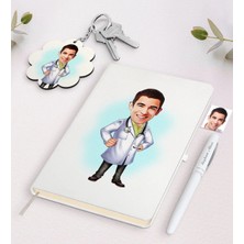 BK Gift Kişiye Özel Erkek Doktor Karikatürlü Beyaz Defter Kalem ve Anahtarlık Hediye Seti-1