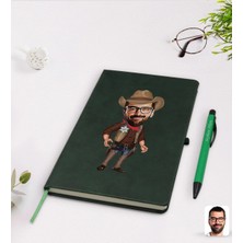 BK Gift Kişiye Özel Kovboy Karikatürlü Yeşil Termo Deri Defter Kalem Seti Model 1