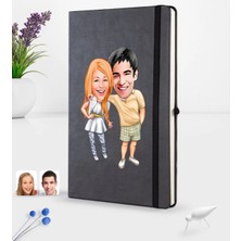 BK Gift Kişiye Özel Sevgililer Karikatürlü Siyah Termo Deri Defter 16X24CM Model 98
