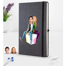BK Gift Kişiye Özel Sevgililer Karikatürlü Siyah Termo Deri Defter 16X24CM Model 35
