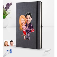 BK Gift Kişiye Özel Sevgililer Karikatürlü Siyah Termo Deri Defter 16X24CM Model 2