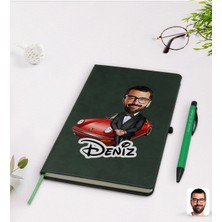 BK Gift Kişiye Özel Erkek Patron Karikatürlü Yeşil Termo Deri Defter Kalem Seti Model 1
