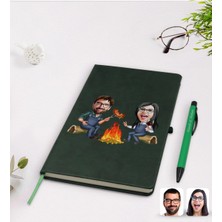 BK Gift Kişiye Özel Sevgililer Karikatürlü Yeşil Termo Deri Defter Kalem Seti Model 95