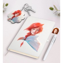 BK Gift Kişiye Özel Kadın Soyut Karikatürlü Beyaz Defter Kalem ve Anahtarlık Hediye Seti-24