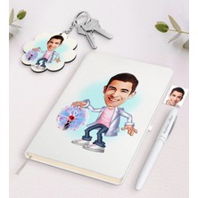 BK Gift Kişiye Özel Erkek Elektrik Mühendisi Karikatürlü Beyaz Defter Kalem ve Anahtarlık Hediye Seti