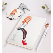 BK Gift Kişiye Özel Bayan Karikatürlü Beyaz Defter Kalem ve Anahtarlık Hediye Seti-39