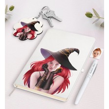 BK Gift Kişiye Özel Bayan Cadı Karikatürlü Beyaz Defter Kalem ve Anahtarlık Hediye Seti-2