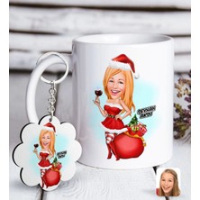 BK Gift Kişiye Özel Kadın Yeni Yıl Karikatürlü Beyaz Kupa ve Anahtarlık Hediye Seti-1