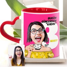 BK Gift Kişiye Özel Kadınlar Günü Temalı Karikatür Kırmızı Kalpli Kupa Bardak - 3